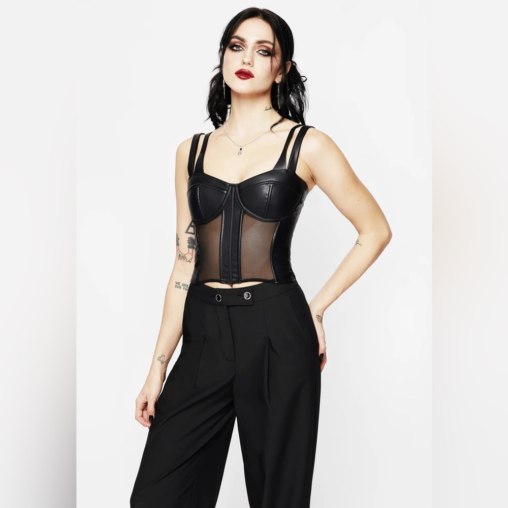 Disturbia Black Mesh & Faux Leather Boned Corset Crop Top